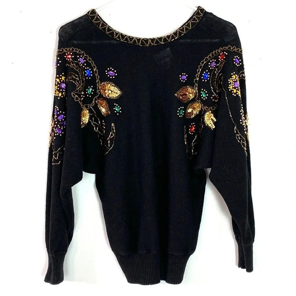 Vintage Sweaters - Vintage 80s 90s Sweater Womens Small Black Beaded Dolman Pullover Sweater Gems